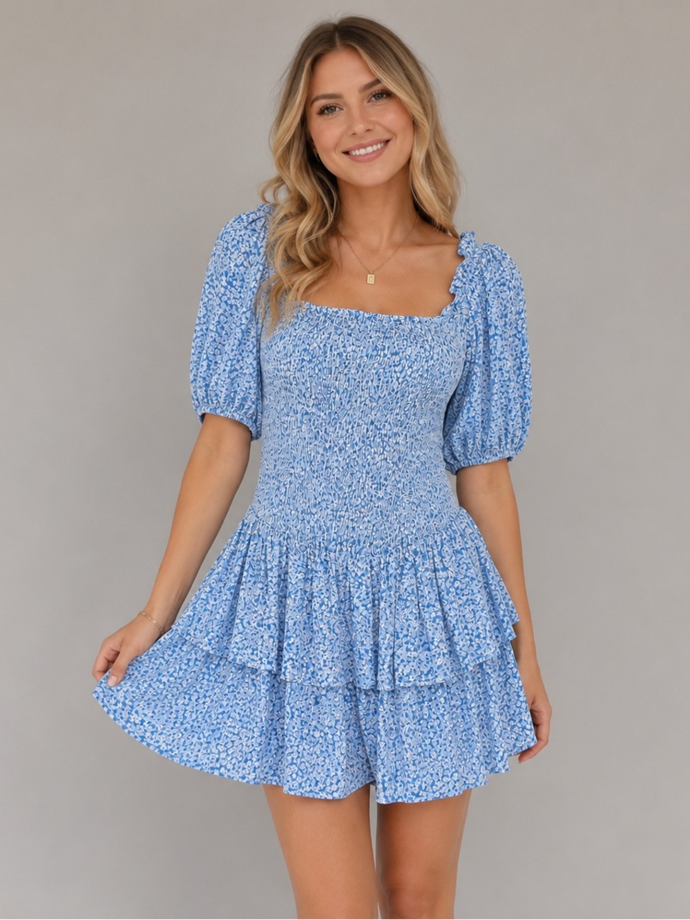 Japna Blue Floral Tiered Dress with Puff Sleeves